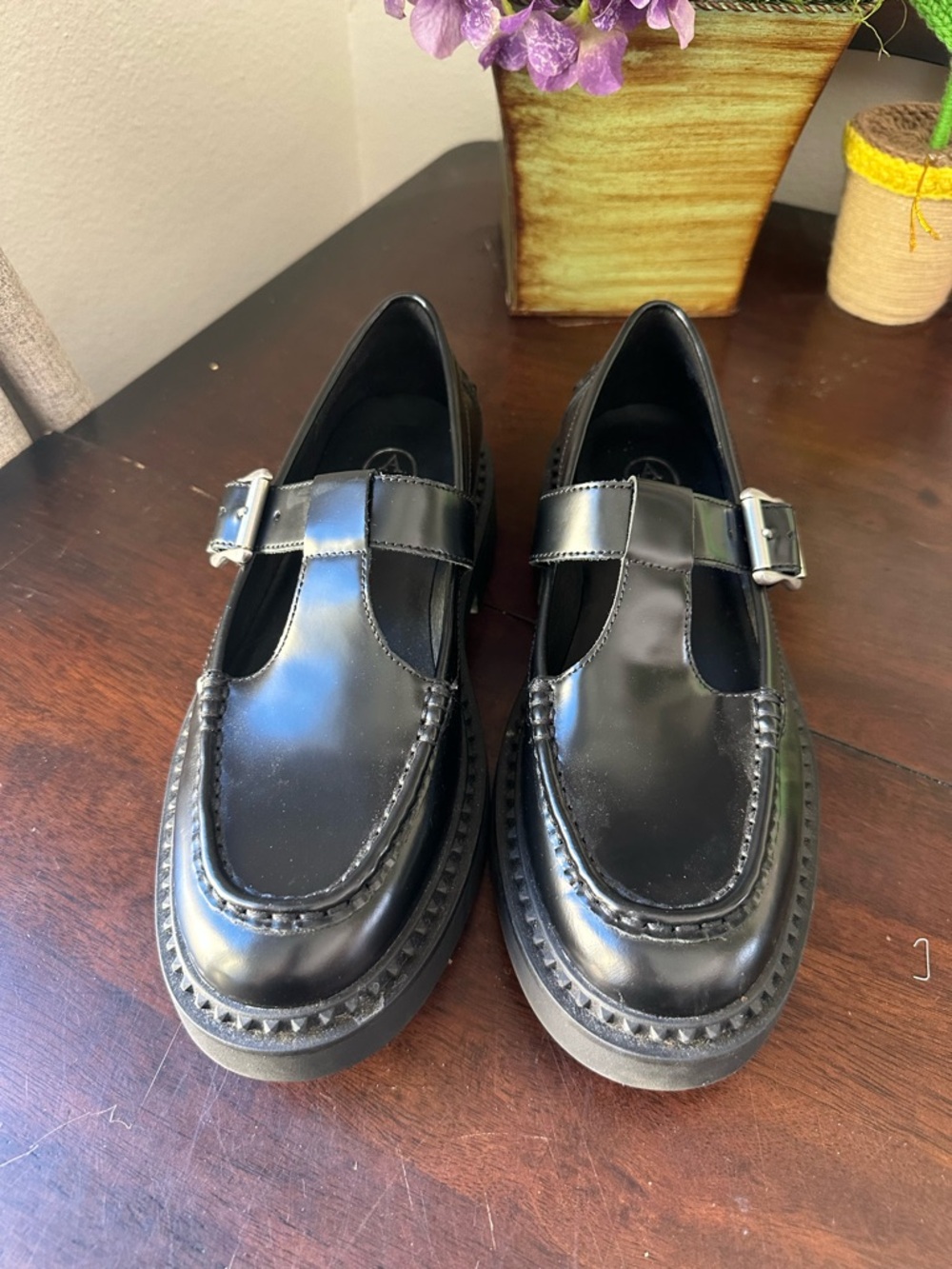 Ash Black Patent Mary Jane Moccasins with Lug Sole and Buckle